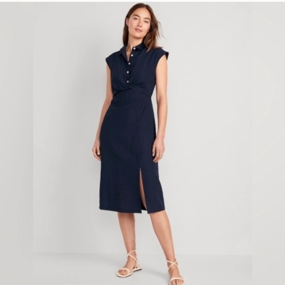 Old Navy Waist Defined Twist Front Midi Shirt Dress L- Navy Also Have Black